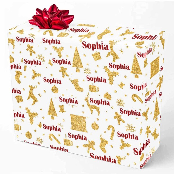 MyPupSocks Custom Christmas Wrapping Paper, Personalized Golden and Stars Stocking