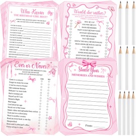 Pasimy 60 Pcs Who Knows the Birthday Girl Best Cards Would She Rather Games for Girl Woman 60 Pcs Girly Double Sided Cards and 10 Pencils for Teens Sweet Birthday Sleepover Party Supplies(Pink)