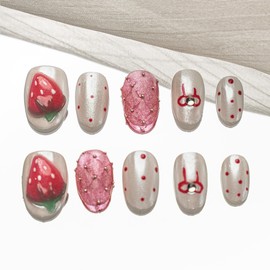 Sun&Beam Nails Handmade Nail Tip, Short, Round, Red, White, Pink, Gold, False Nails, Strawberry, Dots, 3D Design, Stylish, Set of 10 (#174 M)