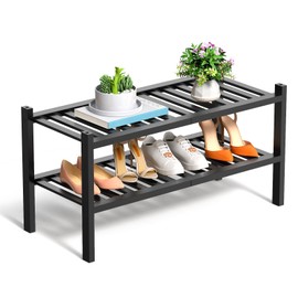 RONGJIA 2 Tier Bamboo Shoe Rack for Closet Free Standing Wood Shoe Shelf Storage Organizer for Entryway Small Space Stackable, Black