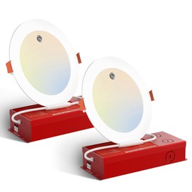 Amico 2 Pack 6 Inch LED Emergency Recsssed Lights with 90 Min Battery Backup, 5CCT 2700K-5000K Selectable Ultra-Thin Downlight, 16W 1100LM Brightness Dimmable Canless Wafer Light, ETL/FCC/UL/IC