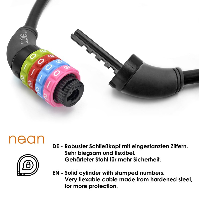 Nean children's-bicycle-cable-lock, number code combination lock in colourful design, 10
