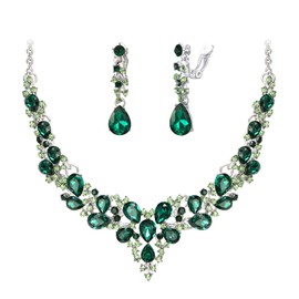 BriLove Bridal Jewelry Set, Sparkling Austrian Crystal Teardrop Cluster Statement Necklace Clip-on Earrings Set for Flower Maids Wedding Party Prom Emerald Color Silver-Tone