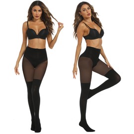 MANZI Womens Faux Thigh High Stockings Black Opaque Tights Stitching Sheer Pantyhose Mock Over the Knee Goth Leg Warmers Thickness Run Resistant Nylons