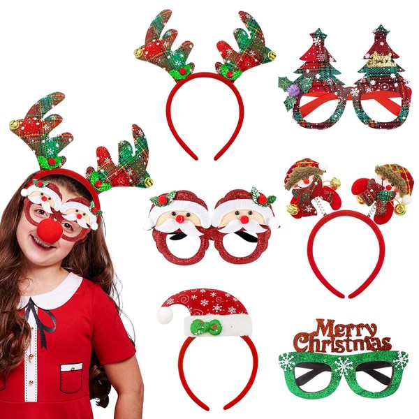 6PCS Christmas Headbands Glasses, Xmas Novelty Headwear Plastic Glitter Glasses Frame for Holiday Party Costume Accessories, Reindeer Antlers Santa Claus Merry Christmas for Adults Kids Party Favors