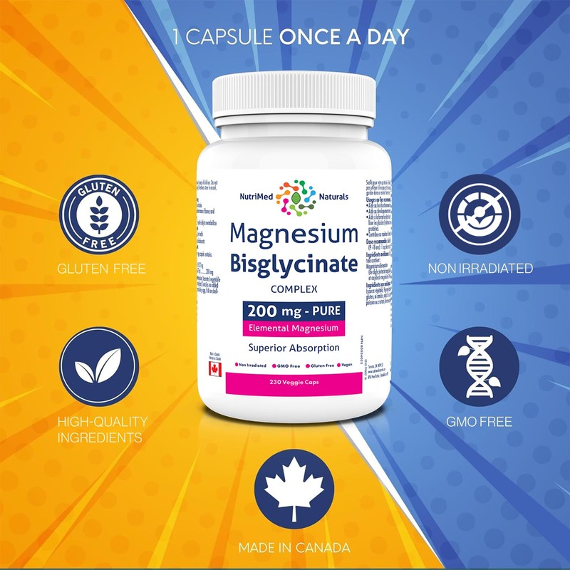 Nutrimed Naturals Magnesium Bisglycinate 200mg - 230 Caps for Muscle