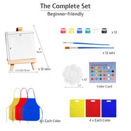 NNHOM Mini Canvas and Easel Set for Painting,96 Pcs Full Small Canvas Kit,with 12 Sets Art Canvas/Wood Easels/Watercolor Paints/Bags/Aprons,for Kids Sip & Paint Party & Beginner Supplies