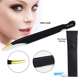 YNR Lash Eyelash Extension Tweezers, Japanese Stainless Steel Tools Straight Curved, Volume Tweezers Precision Angled Gold Tip with Free leather Case (YNR-L2GB)