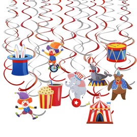 Pack of 24 Clown Garland Carnival with Spirals Garland Decoration Hanging Swirl Decoration for Ceiling Hangers 9 Designs Double-Sided Colour Print for Carnival Birthday Circus Party Decoration