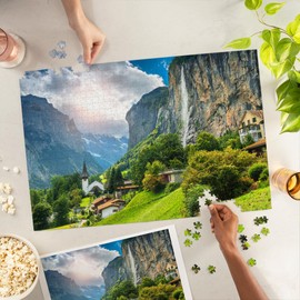 Lauterbrunnen, Switzerland, Mountain Village Under Cliff and Waterfall (1000 Piece Puzzle, Challenging Jigsaw Puzzle for Adults, Made in USA)