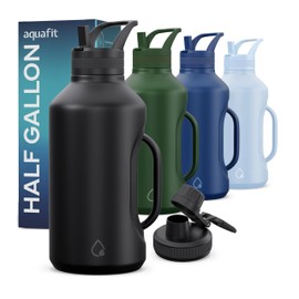 AQUAFIT Insulated Water Bottle 64 oz with Handle - Straw and Chug Lid - Stainless Steel Water Bottles - 64 oz Water Bottle - 64oz Insulated Water Bottle with Straw (64 Ounces, Midnight Black)