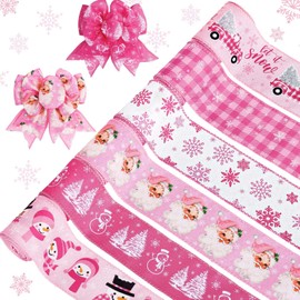 6 Rolls Christmas Ribbon Wired Edge 2.5 Inch * 30 Yards Pink Xmas Buffalo Plaid Snowman Snowflake Truck Christmas Tree Gift Wrapping Ribbon for Wreaths Bows Christmas Decorations Xmas Decor DIY Crafts