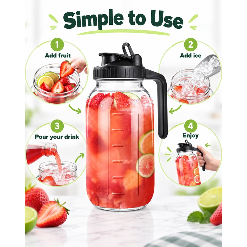 64 oz Glass Pitcher with Airtight Lid – Wide Mouth