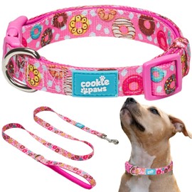 Cookie Paws Soft Neoprene Padded Dog Collar and Leash Set for Medium Dogs | Comfortable, Adjustable, Quick-Release, Durable, Breathable, Easy Clean, Cute, Fancy | Donut | Pink