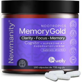 NEWMANITY Memory Gold Nootrópico para Memoria, Enfoque y Claridad Mental - 2 meses - con Cognizin, Bacopa Monnieri, Lion's Mane, Treonato de Magnesio, Phosphatidylserine y Huperzina A