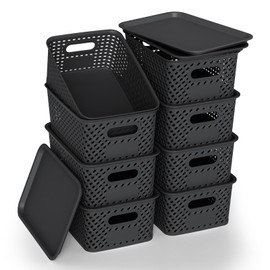 ZFTMRR Plastic Storage Bins with Lid, Stackable Storage Baskets for Organizing and Storage Containers for Shelves Drawers Desktop Closet Playroom Classroom Office Home, 8-pack 10.2x7.2x4.1 Inch, Black