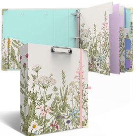 3 Ring Binder 2 Inch Round Ring Binder with 6 Tab Dividers，2 Interior Pockets，Cute Binder Clipboard with Storage, for School Office, Portfolio(Garden Flowers)