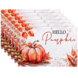 Billbotk Fall Placemats Set of 6, Hello Pumpkin Thanksgiving Placemats for Dining Table Setting, Non-Slip Tabletop Accessories Decorations