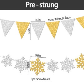 Vofrise 2Pack Winter Wonderland Christmas Decorations Silver Gold Glitter Snowflakes Garland and Pennant Flags Christmas Decor Banner for Holiday Birthday Baby Shower Party Supplies
