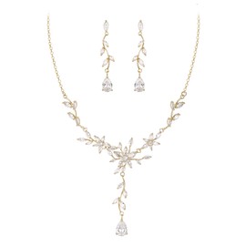 EVER FAITH Jewellery Set for Bridesmaids Clear Gold Tone CZ Leaf Cluster Drop Bridal Prom Necklace and Earrings Sets for Women Wedding Party, Cubic Zirconia