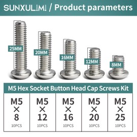 M5 x 8mm 12mm 16mm 20mm 25mm Button Head Socket Cap Screws Bolts, 304 Stainless Steel, Bright Finish, Metric Allen Hex Drive, Fully Threaded, 50PCS
