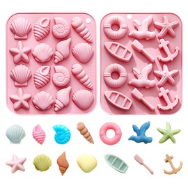Seashell and Nautical Silicone Mold Set, 2 Pack Pink Ice Cube Trays with Starfish Anchor Shell Designs