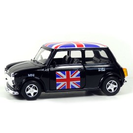 Mini Cooper Model (Black) with Union Jack Top Made of Die Cast Metal and Plastic Parts, Pull Back & Go Action Model - 384B