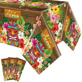 Fanfanwin 3 Pcs Summer Tiki Table Covers 54'' x 108'' Hawaiian Luau Tablecloths for Party Decoration Disposable Plastic Rectangular Table Covers Tropical Aloha Tablecloth for Beach Pool Party Supplies