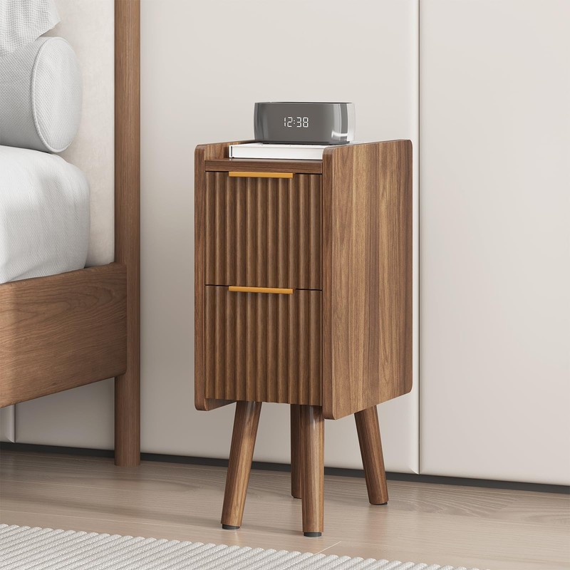ELYKEN Narrow Side Table, Fluted Nightstand with Drawers, Wooden Small