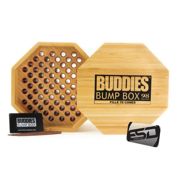 Buddies Bump Box Filler for 98 Special Sized Cones | Fills up to 76 Cones Simultaneously | Time Efficient Bulk Cone Packing Wood Box with an ESD Scooping Card