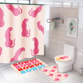 Rtteri 4 Pcs Preppy Shower Curtain Sets Pink Panther Shower Curtain 72 x 72 Inch Howdy Shower Mat Lightning Bathroom Rugs Smile Face Style Toilet Lid Cover with 12 Hooks Polyester for Bathroom