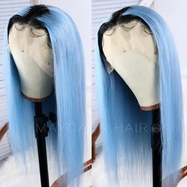 Maycaur Black Blue Lace Front Wigs Long Straight Hair 24 Inch Wigs for Fashion Women Synthetic Lace Front Wigs with Natural Hairline