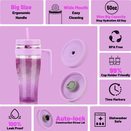 Hydraful 50 oz Tritan Plastic Tumbler with Lid and Straw and Handle - 100% Leak-Proof - Perfect for Iced Coffee, Smoothies, and Juice - Wide Mouth Reusable Water Bottle with Time Marker