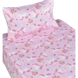 Scientific Sleep Unicorn Pink Flower Horse 100% Cotton Cozy Fun Twin Bed Sheet Set, Flat Sheet & Fitted Sheet & Pillowcase Kids Girls Bedding Set for Kids Boys Girls