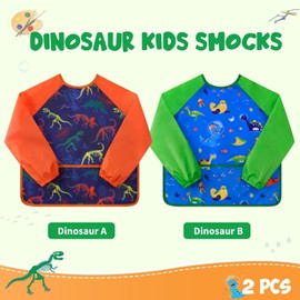 2 Pack Dinosaur Kids Art Smocks - Dino Toddler Smock Kids Apron Children Boys Painting Artist Smocks Cooking Baking Gardening Waterproof Artist Painting Aprons with Long Sleeve Pocket Age 3-8