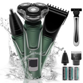 Afeitadora Electrica Hombre, Afeitadora Rotativa Impermeable 3 EN 1, Máquina de Afeitar Uso en Húmedo y Seco USB Recargable con Pantalla LED, Cortadora Multifuncional para Barba, Nariz, Cabello, Verde Oscuro