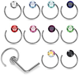 AZARIO London Box Set 20 Pieces Jeweled Spiral Top 22 Gauge 925 Sterling Silver L Bend Nose Stud Piercing