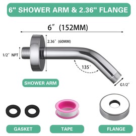 Shower Arm with Flange +Tape,Stainless Steel Shower Head Extension Arm,Wall-Mounted for Fixed Shower Head,6 Inch Chrome