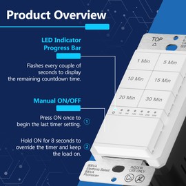 LIDER 30-Minute Countdown Timer Switch with Wall Plate, 800W, No Neutral Required, 1-5-10-15-20-30 Minutes, for Lights or Fans, UL Listed, LED Indicator, White, Wall Plate Included