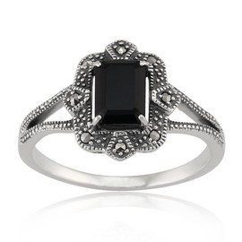 Gemondo Sterling Silver Art Deco 1.20ct Black Spinel & Marcasite Ring