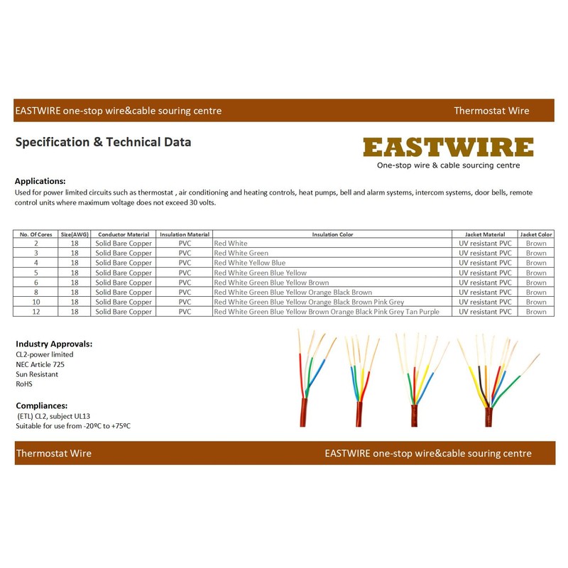 Eastwire 18/6 100ft Thermostat Wire - Solid Copper 18 Gauge