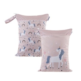 CoolaPeach 2pcs Cloth Diaper Wet Dry Bags Waterproof Reusable with Two Zippered Pockets Travel Beach Pool Daycare Soiled Baby Items Yoga Gym Bag for Swimsuits or Wet Clothes (Unicorn)