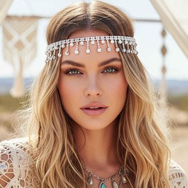 Yokawe Rhinestone Headband Crystal Head Chain Elastic Boho Sparkle Tassel Headpieces for Women(Silver B)