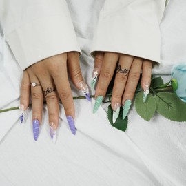 Tesytto 3D Design Flora Press On Nails - 10pcs Handmade Long Stiletto French Tip Gel Nails, Purple & Green Leaf False Nails for Nail Art (Flower Fairy,M)