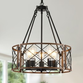 20.8'' Farmhouse Chandeliers for Dining Room, 4-Light Industrial Metal Hanging Light Fixture, Rustic Drum Pendant Light for Living Room, Bedroom, Foyer, Entryway, Kitchen Island, Vintage Wood