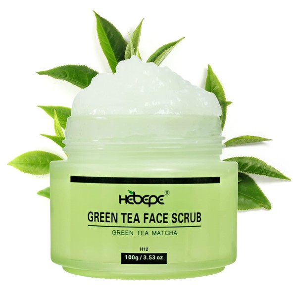 Hebepe Green Tea Matcha Face Scrub, Extra Gentle Exfoliating Cleanser, with Hyaluronic Acid, Collagen, Vitamin C, E, Apricot, Shea Butter, Natural Moisturizing Blackhead Facial Cleansing Exfoliator
