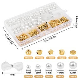 Pack of 1090 Beads for Threading, Glass Beads, White Faux Pearl, Round Beads, White Imitation Beads, Gold Spacer Beads for DIY Necklaces, Bracelets, Jewellery Crafts (Diameter 4, 6, 8, 10, 12 mm)