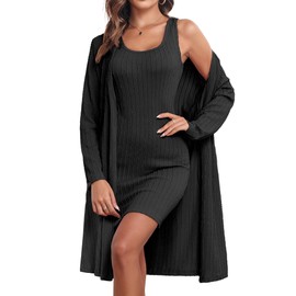 Ekouaer Robe Sets for Women Sleepwear Rib Knit Bodycon Nightgown with Robes Set 2 Piece Soft Lightweight Loungewear, Black M