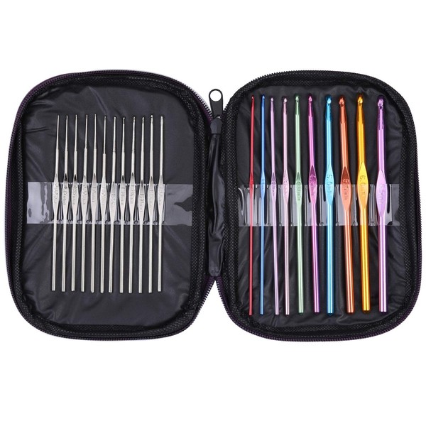 Set of 22 High Quality Aluminium and Steel Crochet Set with Organiser Case Hooks Needles Yarn Weave Knit Craft Set Weaving Knitting Tool Hobby