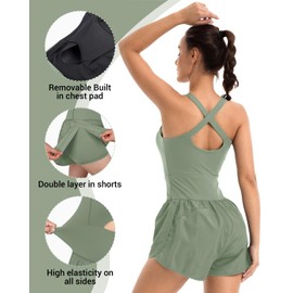 Women's Athletic Romper Onesie with Padded Bras Sleeveless One Piece Workout Outfit Summer Rompers for Running Valentine Gift, Aqua Green